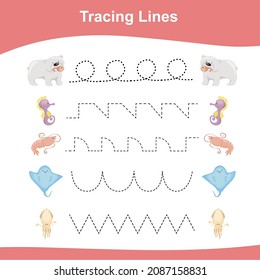Tracing Lines Game Animals Edition. Educational worksheet. Worksheet activity for preschool kids. Preschool Education. Vector illustration. 