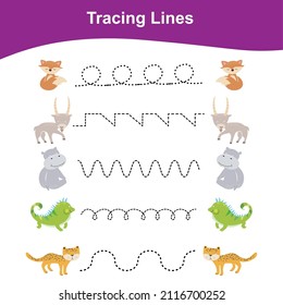 Tracing Lines Game Animals Edition. Educational worksheet. Worksheet activity for preschool kids. Preschool Education. Vector illustration. 
