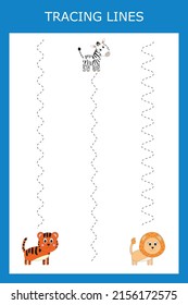 Tracing lines game with  animals. Worksheet for preschool kids, kids activity sheet, printable worksheet