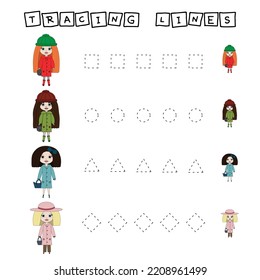 Tracing lines game with beauty dolls. Worksheet for preschool kids, kids activity sheet, printable worksheet