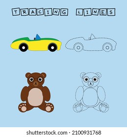 Tracing lines game with car and bear. Worksheet for preschool kids, kids activity sheet, printable worksheet
