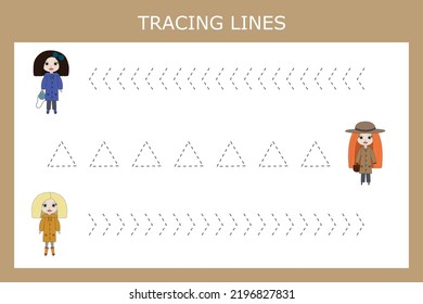 Tracing lines game with cute girls, dolls. Worksheet for preschool kids, kids activity sheet, printable worksheet