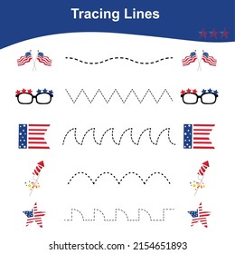 Tracing Lines Game Fourth July Edition. Worksheet activity for preschool kids. Vector illustration.
