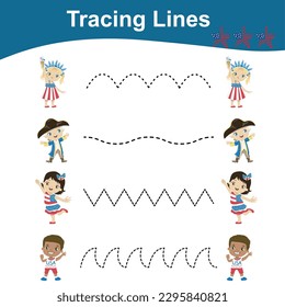 Tracing Lines Game Fourth July Edition. Worksheet activity for kids. Motoric activity for children. Educational printable worksheet. Vector File.