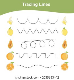 Tracing Lines Game Fruits Edition. Educational worksheet. Worksheet activity for preschool kids. Preschool Education. Vector illustration. 