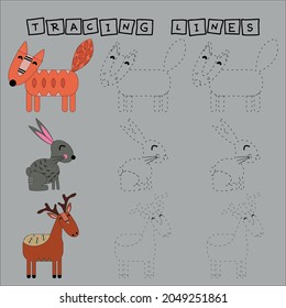 Tracing lines game with funny animals deer, fox and rabbit. Worksheet for preschool kids, kids activity sheet, printable worksheet