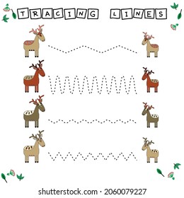 Rastrear el juego de las líneas con animales divertidos ciervos. Hoja de trabajo para niños de preescolar, hoja de actividades para niños, hoja de trabajo imprimible