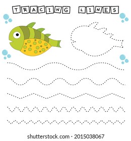 Tracing lines game with funny fishes. Worksheet for preschool kids, kids activity sheet, printable worksheet