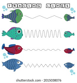Tracing lines game with funny fishes. Worksheet for preschool kids, kids activity sheet, printable worksheet