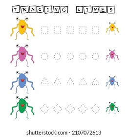 Rastrear el juego de las líneas con monstruos graciosos. Hoja de trabajo para niños de preescolar, hoja de actividades para niños, hoja de trabajo imprimible
