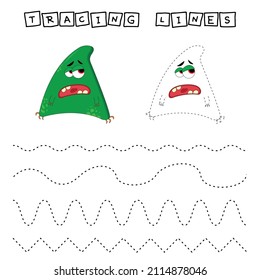 Tracing lines game with funny monsters. Worksheet for preschool kids, kids activity sheet, printable worksheet
