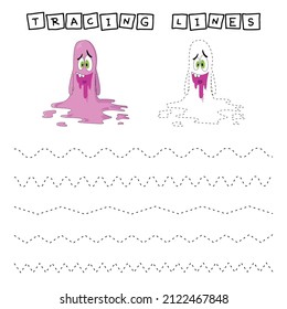 Tracing lines game with funny monsters. Worksheet for preschool kids, kids activity sheet, printable worksheet
