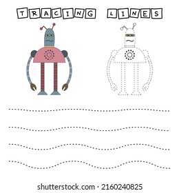 
Tracing lines game with funny robots. Worksheet for preschool kids, kids activity sheet, printable workshee
