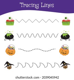 Tracing Lines Game Halloween Edition. Educational Worksheet. Worksheet Activity For Preschool Kids. Preschool Education. Vector Illustration. 