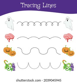 Tracing Lines Game Halloween Edition. Educational worksheet. Worksheet activity for preschool kids. Preschool Education. Vector illustration. 