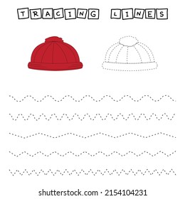 Tracing lines game with hat. Worksheet for preschool kids, kids activity sheet, printable worksheet