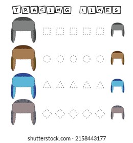 Tracing lines game with hat. Worksheet for preschool kids, kids activity sheet, printable worksheet
