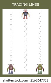 Tracing lines game with robots. Worksheet for preschool kids, kids activity sheet, printable worksheet