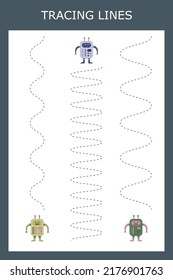 Tracing lines game with robots. Worksheet for preschool kids, kids activity sheet, printable worksheet