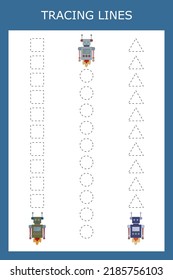 Tracing lines game with robots. Worksheet for preschool kids, kids activity sheet, printable worksheet