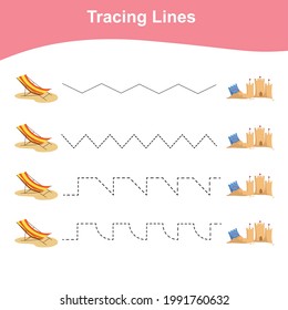 Tracing Lines Game Summer Edition. Worksheet activity for preschool kids. Preschool Education. Vector illustration. 