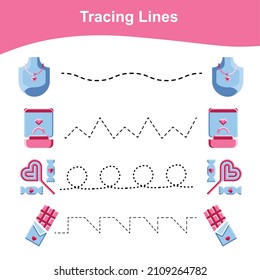 Tracing Lines Game Valentine Edition. Educational worksheet. Worksheet activity for preschool kids. Preschool Education. Vector illustration. 