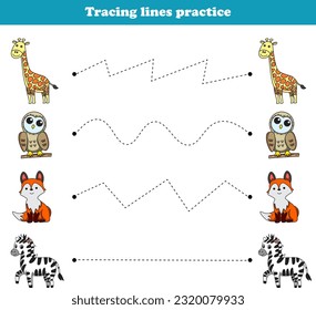 Tracing Lines giraffe owl fox zebra. Educational games. Worksheet activity for preschool kids. Vector illustration