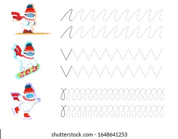 Trazado y hoja de práctica de escritura a mano para niños en edad preescolar con dibujos animados yeti esquí de nieve, snowboard, patinaje. Escribir una hoja de cálculo imprimible con líneas onduladas