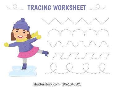 Líneas de seguimiento y hoja de prácticas de escritura a mano para niños. Una linda chica patina sobre el hielo en invierno. Escribir una hoja de trabajo imprimible con líneas onduladas sobre fondo blanco. Ilustración vectorial.