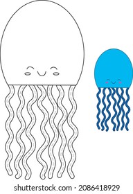 Tracing lines and handwriting practice sheet for preschool children with cute jellyfish for coloring. Writing training printable worksheet with wavy lines 
