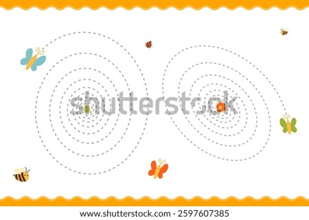 Tracing lines, handwriting practice, worksheet for kids. Colorful butterflies and bees hover around flowers in a playful illustration. designed with dashed spiral flight.