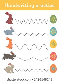 Tracing lines, handwriting training worksheet for kids. Easter themed writing training, educational game and activity for preschool and kindergarten. Easter bunny and egg. Tracing practice.