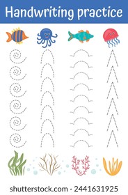 Tracing lines, handwriting training worksheet for kids. Writing training page with cute sea fishes. Educational game and activity for preschool, kindergarten. Tracing practice sheet with tropical fish