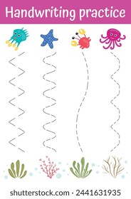 Tracing lines, handwriting training worksheet for kids. Writing training page with cute sea fishes. Educational game and activity for preschool, kindergarten. Tracing practice sheet with tropical fish