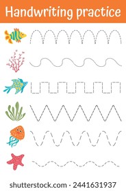 Tracing lines, handwriting training worksheet for kids. Writing training page with cute sea fishes. Educational game and activity for preschool, kindergarten. Tracing practice sheet with tropical fish