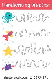 Tracing lines, handwriting training worksheet for kids. Writing training page with cute sea fishes. Educational game and activity for preschool, kindergarten. Tracing practice sheet with tropical fish