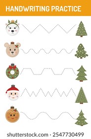 Tracing lines, handwriting training worksheet for kids. Writing training page. Christmas Educational game and activity for preschool, homeschool, kindergarten. Christmas Tracing practice sheet.