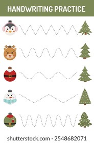 Tracing lines, handwriting training worksheet for kids. Writing training page. Christmas Educational game and activity for preschool, homeschool, kindergarten. Christmas Tracing practice sheet.