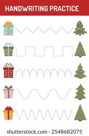 Tracing lines, handwriting training worksheet for kids. Writing training page. Christmas Educational game and activity for preschool, homeschool, kindergarten. Christmas Tracing practice sheet.