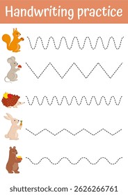 Tracing lines, handwriting training worksheet. Writing training page with cute animals for children. Educational game, activity for preschool, kindergarten. Fine motoric skills practice for kids.