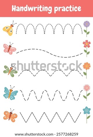 Tracing lines, handwriting training worksheet for kids. Writing training page with cute spring butterflies and flowers. Educational game, activity for preschool, kindergarten. Tracing practice sheet.
