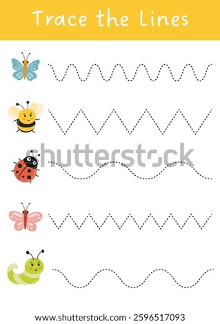 Tracing lines, handwriting training worksheet for kids. Writing training page for children. Educational game and activity for preschool, kindergarten. Tracing practice sheet with spring elements.