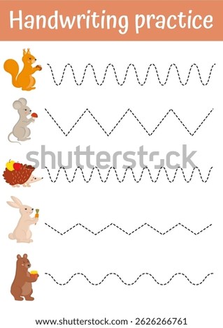 Tracing lines, handwriting training worksheet. Writing training page with cute animals for children. Educational game, activity for preschool, kindergarten. Fine motoric skills practice for kids.