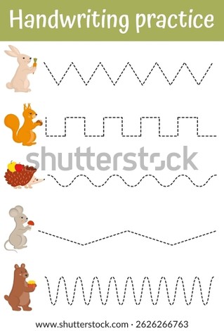 Tracing lines, handwriting training worksheet for kids. Writing training page with cute animals. Educational game and activity for preschool, kindergarten. Fine motoric skills practice for kids.