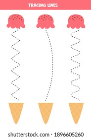 Tracing lines with ice cream cones. Connect cone and waffle. Handwriting practice for kids.