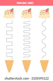 Tracing lines with ice cream cones. Connect cone and waffle. Handwriting practice for kids.
