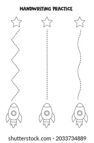 Tracing lines for kids with black and white rocket and stars. Back to school worksheet.