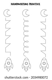 Tracing lines for kids with black and white rocket and moon. Back to school worksheet.