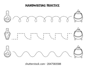 Tracing lines for kids with black and white potions and cauldron. Handwriting practice.