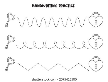 Tracing lines for kids with black and white keys and locks. Handwriting practice.